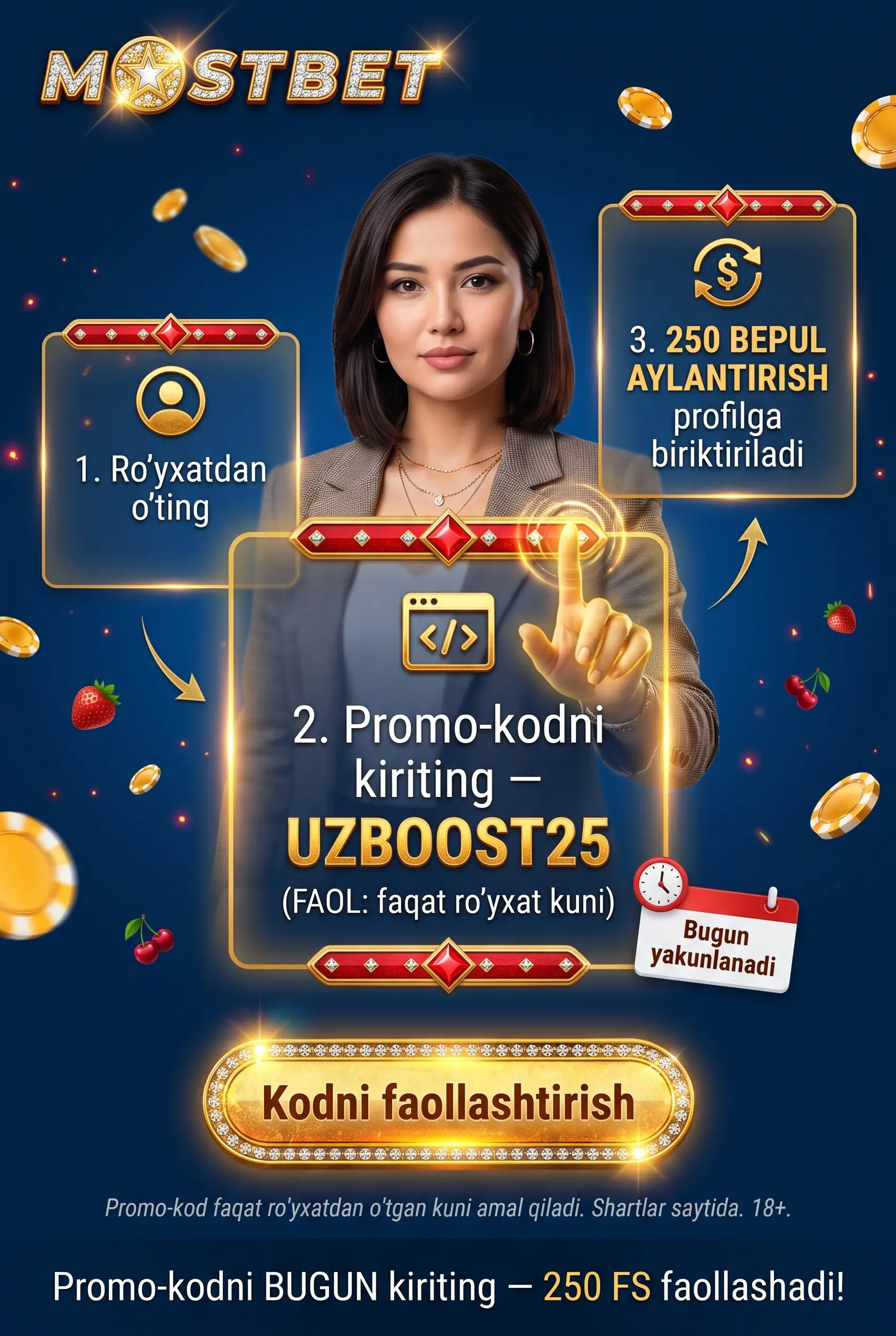 UZBOOST25 promo kodini kiritish jarayoni